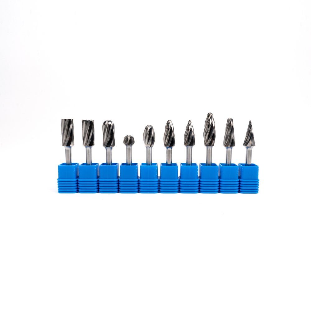Eight primary carbide burr shapes arranged in manufacturing order